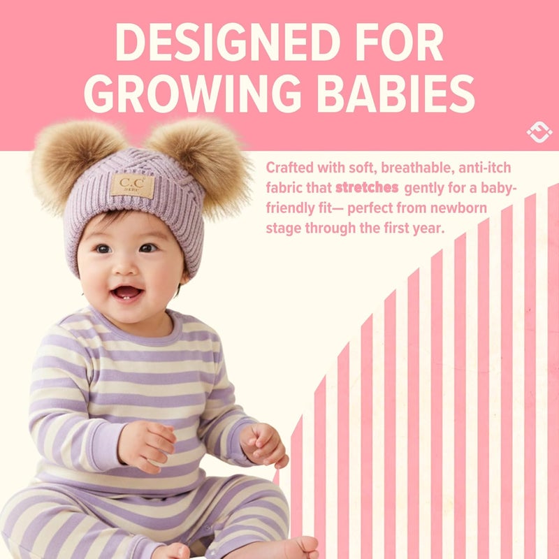 Funky Junque Double Pom Pom Baby Beanie – Newborn Girl Winter Hat 0–12 Months, Cute Cozy Knit Infant Beanies for Cold Weather - Image 2